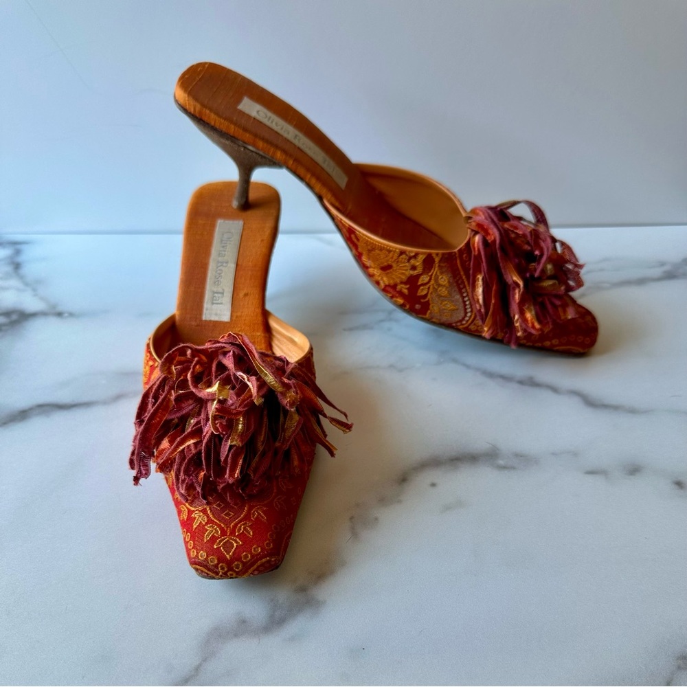 Olivia Rose Tal Silk Pom-Pom Mules Size 8